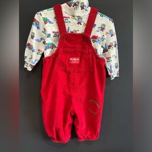 RARE Vintage OshKosh B'gosh Red Overalls with Mouse at Work Turtle Neck